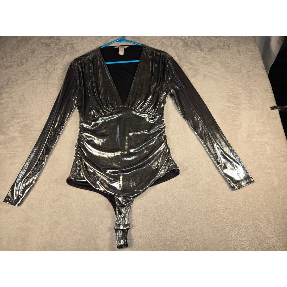 HM Metallic Silver Long Sleeve Bodysuit Ruched V-Neck Shiny Party Top L - Picture 3 of 6